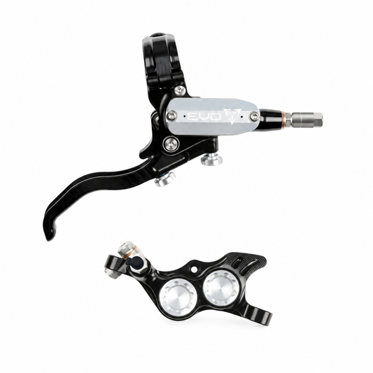 Freno HOPE TECH 4 EVO TR4 negro/plata — maneta y pinza sobre fondo blanco