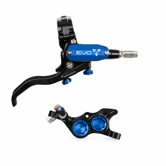 Freno HOPE TECH 4 EVO TR4 negro/azul — maneta y pinza sobre fondo blanco
