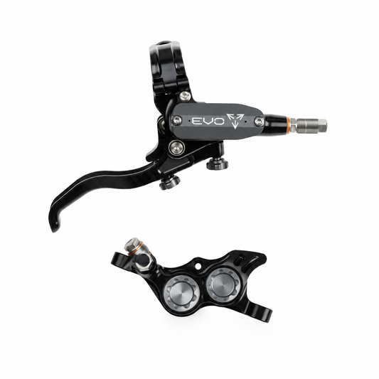 Freno HOPE TECH 4 EVO TR4 negro/ahumado — maneta y pinza sobre fondo blanco