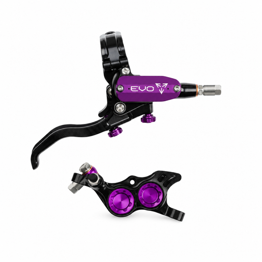 Freno HOPE TECH 4 EVO TR4 negro/violeta — maneta y pinza sobre fondo blanco