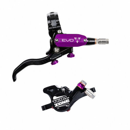 Freno HOPE TECH 4 EVO TRIAL ZONE N9 violeta — maneta y pinza sobre fondo blanco