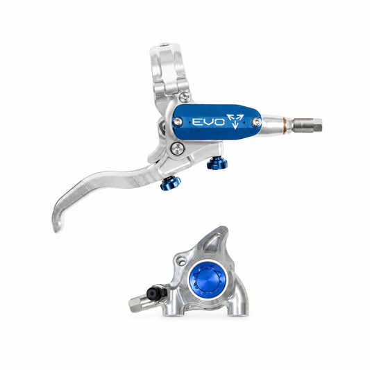 Freno HOPE TECH 4 EVO X2 FM plateado/azul — maneta y pinza sobre fondo blanco