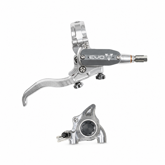 Freno HOPE TECH 4 EVO X2 FM plateado/ahumado — maneta y pinza sobre fondo blanco