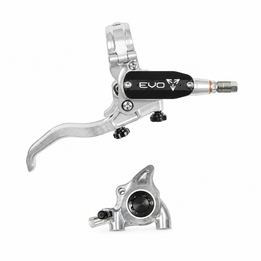Freno HOPE TECH 4 EVO X2 FM plateado/negro — maneta y pinza sobre fondo blanco