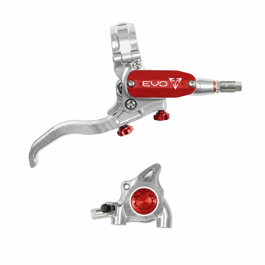 Freno HOPE TECH 4 EVO X2 FM plateado/rojo — maneta y pinza sobre fondo blanco