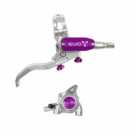 Freno HOPE TECH 4 EVO X2 FM plateado/violeta — maneta y pinza sobre fondo blanco