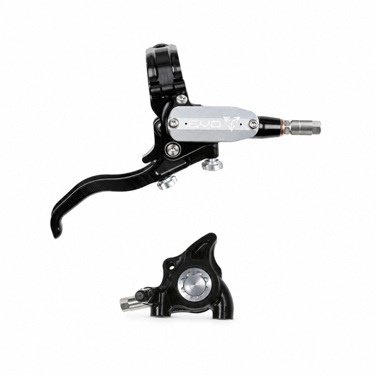 Freno HOPE TECH 4 EVO X2 FM negro/plata — maneta y pinza sobre fondo blanco