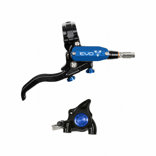 Freno HOPE TECH 4 EVO X2 FM negro/azul — maneta y pinza sobre fondo blanco
