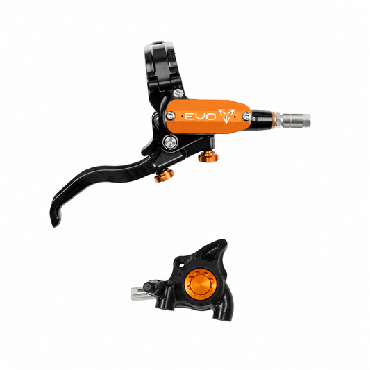 Freno HOPE TECH 4 EVO X2 FM negro/naranja — maneta y pinza sobre fondo blanco