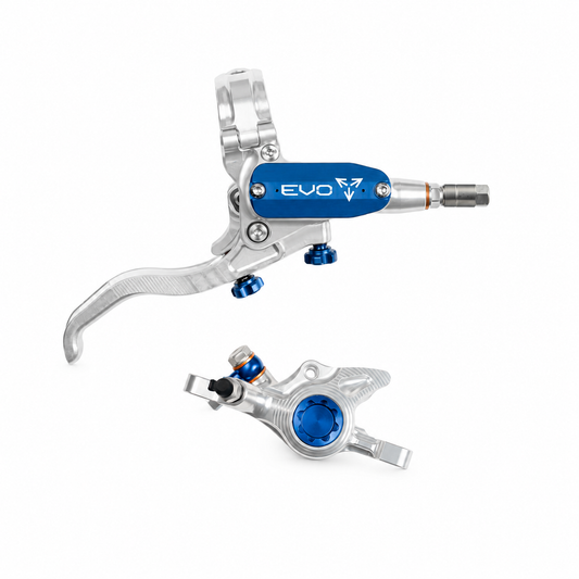 Freno HOPE TECH 4 EVO X2 PM plata/azul — maneta y pinza sobre fondo blanco