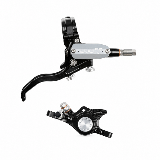 Freno HOPE TECH 4 EVO X2 PM negro/plata — maneta y pinza sobre fondo blanco