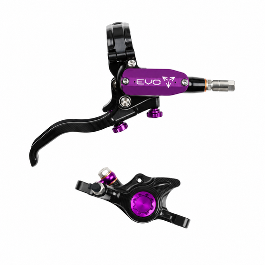 Freno HOPE TECH 4 EVO X2 PM negro/violeta — maneta y pinza sobre fondo blanco