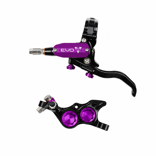 Freno HOPE TECH 4 EVO TR4 negro/violeta — maneta y pinza sobre fondo blanco