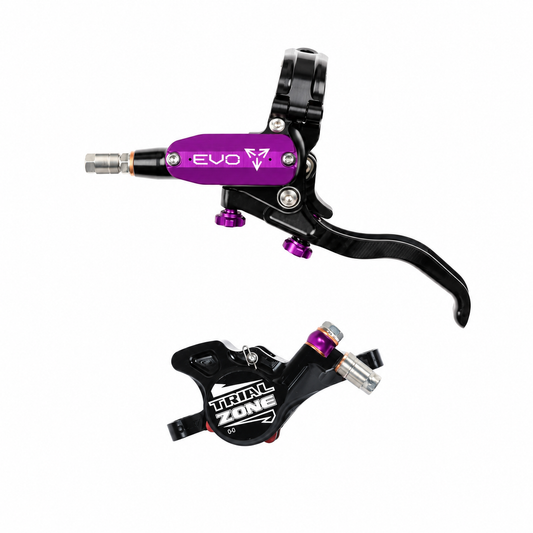 Freno HOPE TECH 4 EVO TRIAL ZONE N9 violeta — maneta y pinza sobre fondo blanco