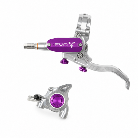 Freno HOPE TECH 4 EVO X2 FM plateado/violeta — maneta y pinza sobre fondo blanco