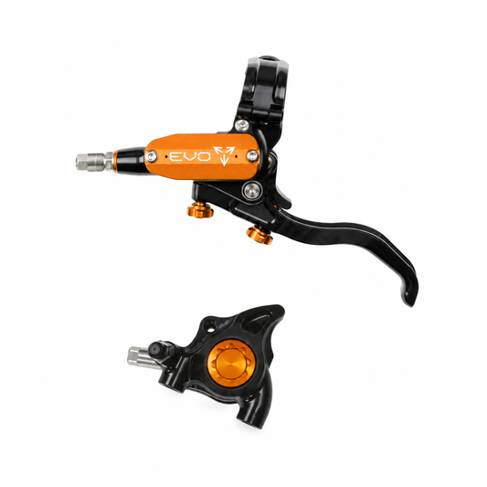 Freno HOPE TECH 4 EVO X2 FM negro/naranja — maneta y pinza sobre fondo blanco