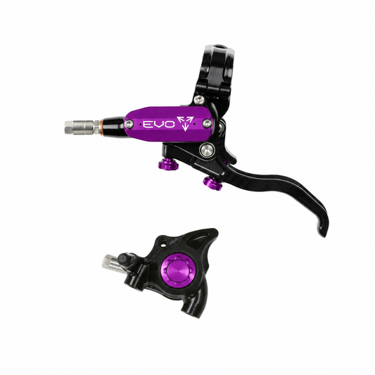 Freno HOPE TECH 4 EVO X2 FM negro/violeta — maneta y pinza sobre fondo blanco