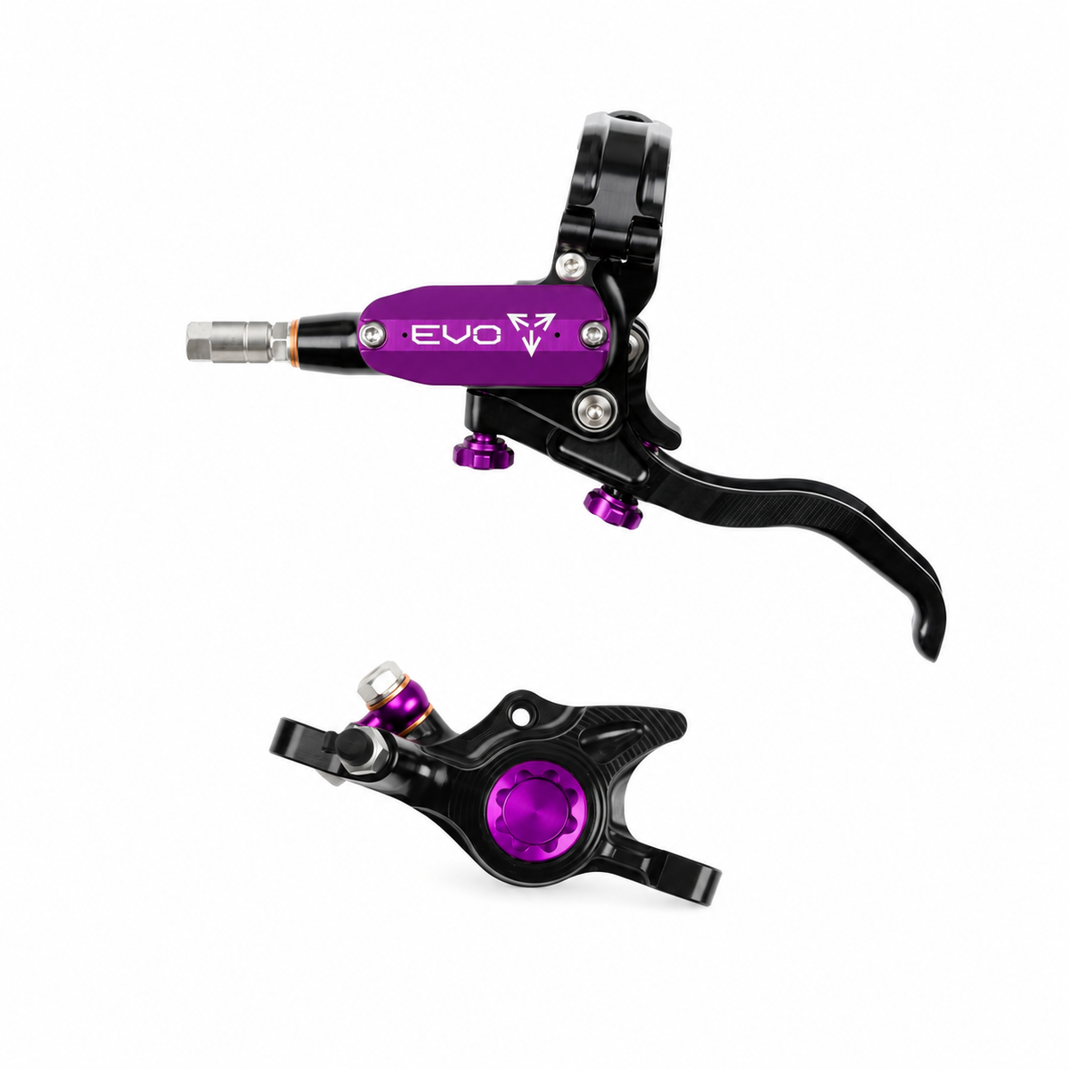 Freno HOPE TECH 4 EVO X2 PM negro/violeta — maneta y pinza sobre fondo blanco