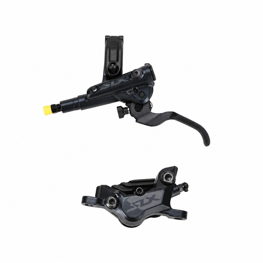 Freno SHIMANO SLX M7120 de 4 pistones J-Kit con pastillas ventiladas — maneta y pinza sobre fondo blanco