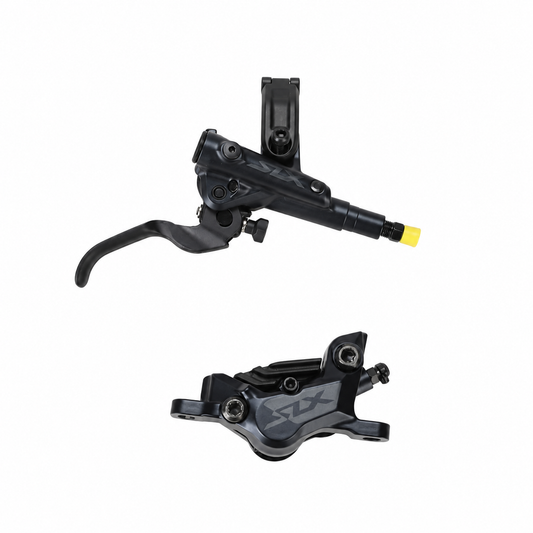 Freno SHIMANO SLX M7120 de 4 pistones J-Kit con pastillas ventiladas — maneta y pinza sobre fondo blanco