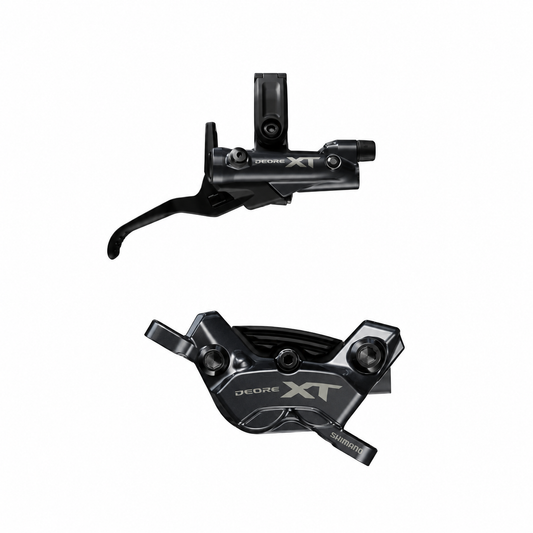 Freno SHIMANO XT M8220 Enduro de 4 pistones — maneta y pinza sobre fondo blanco