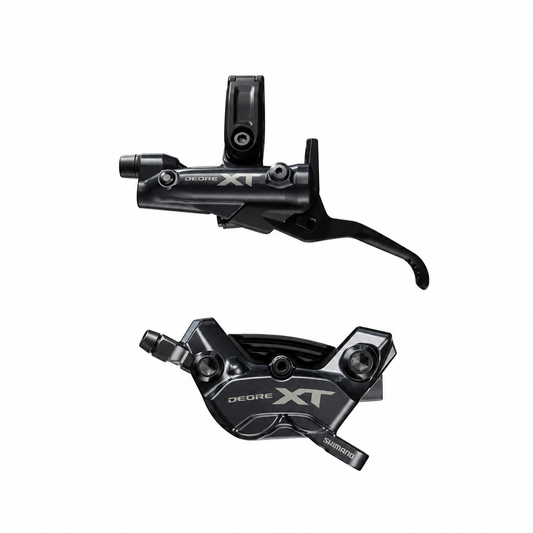 Freno SHIMANO XT M8220 Enduro de 4 pistones — maneta y pinza sobre fondo blanco