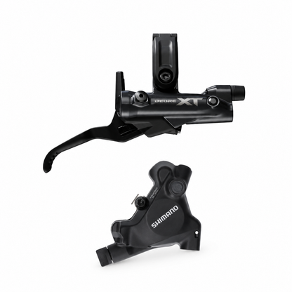 Freno SHIMANO DEORE XT 8200 con pinza BR-MT805 FlatMount — maneta y pinza sobre fondo blanco