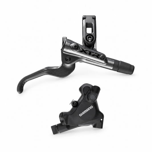 Freno SHIMANO XTR 9200 con pinza BR-MT805 FlatMount — maneta y pinza sobre fondo blanco
