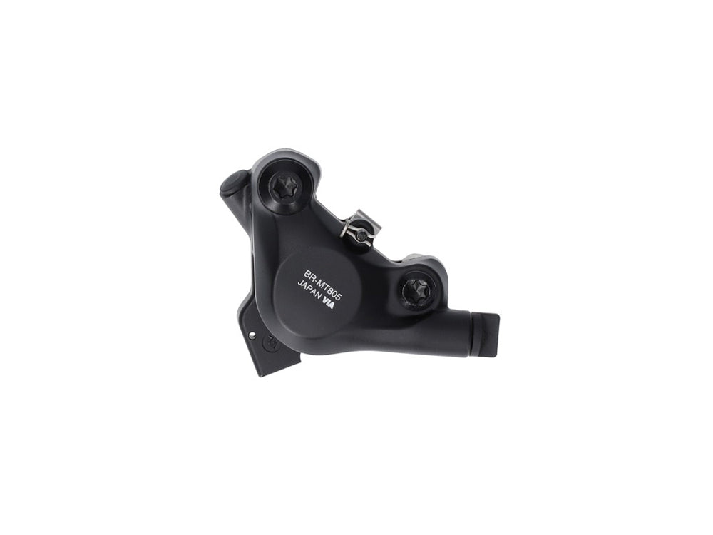 Pinza de freno SHIMANO BR-MT805 Flat Mount sin aletas — vista del lado opuesto y referencia