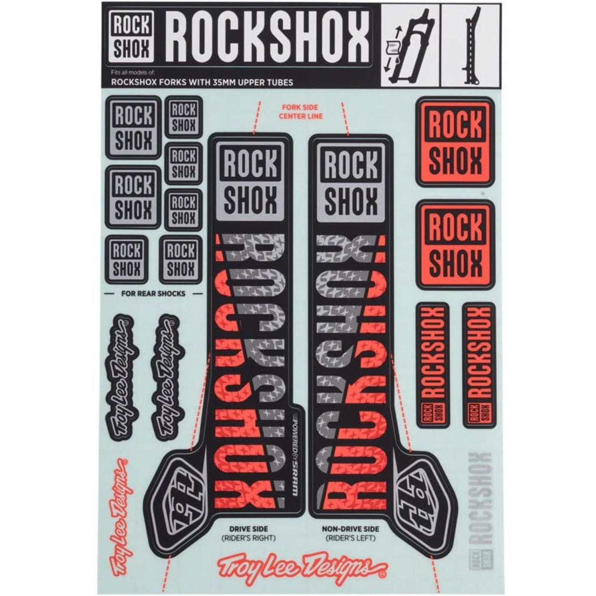 Kit de adhesivos para horquilla ROCKSHOX TROY LEE DESIGNS 35 mm MY18 para PIKE/LYRIK/YARI/DOMAIN/REVELATION plata/naranja #00.4318.021.001