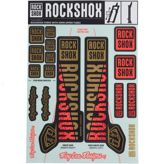 Kit de adhesivos para horquilla ROCKSHOX TROY LEE DESIGNS 35 mm MY18 para PIKE/LYRIK/YARI/DOMAIN/REVELATION dorado/naranja #00.4318.021.000